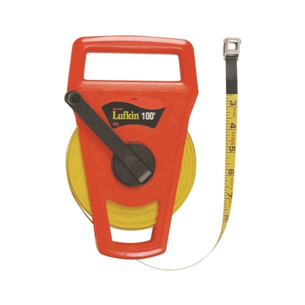 Crescent Lufkin FE100D/1706D Tape Measure, 100 ft L Blade, 1/2 in W Blade, Fiberglass Blade, ABS Case, Orange Case