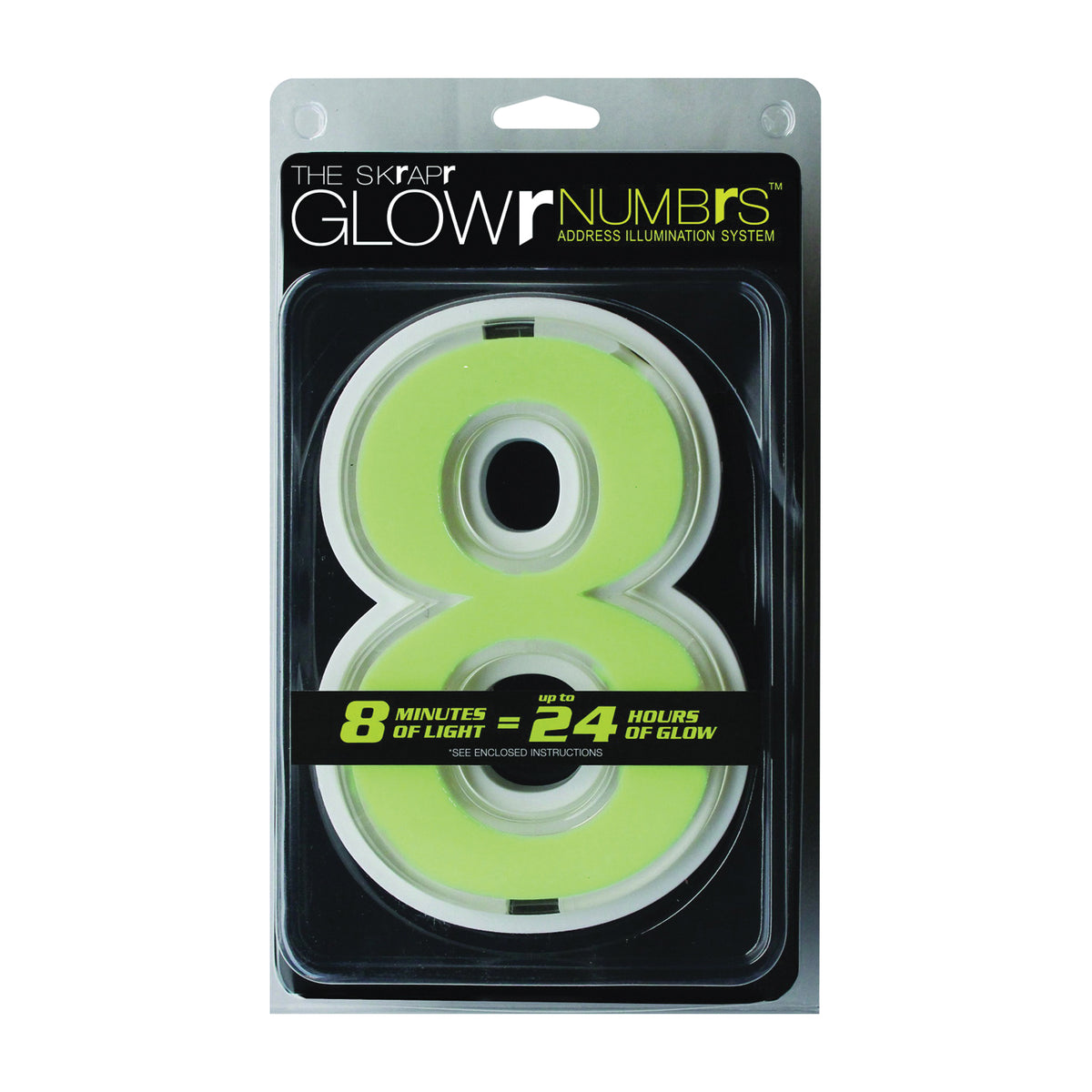 Glowr GLOWR8-U House Number, Character: 8, Neon Green Character, White Background, Nylon/Polypropylene