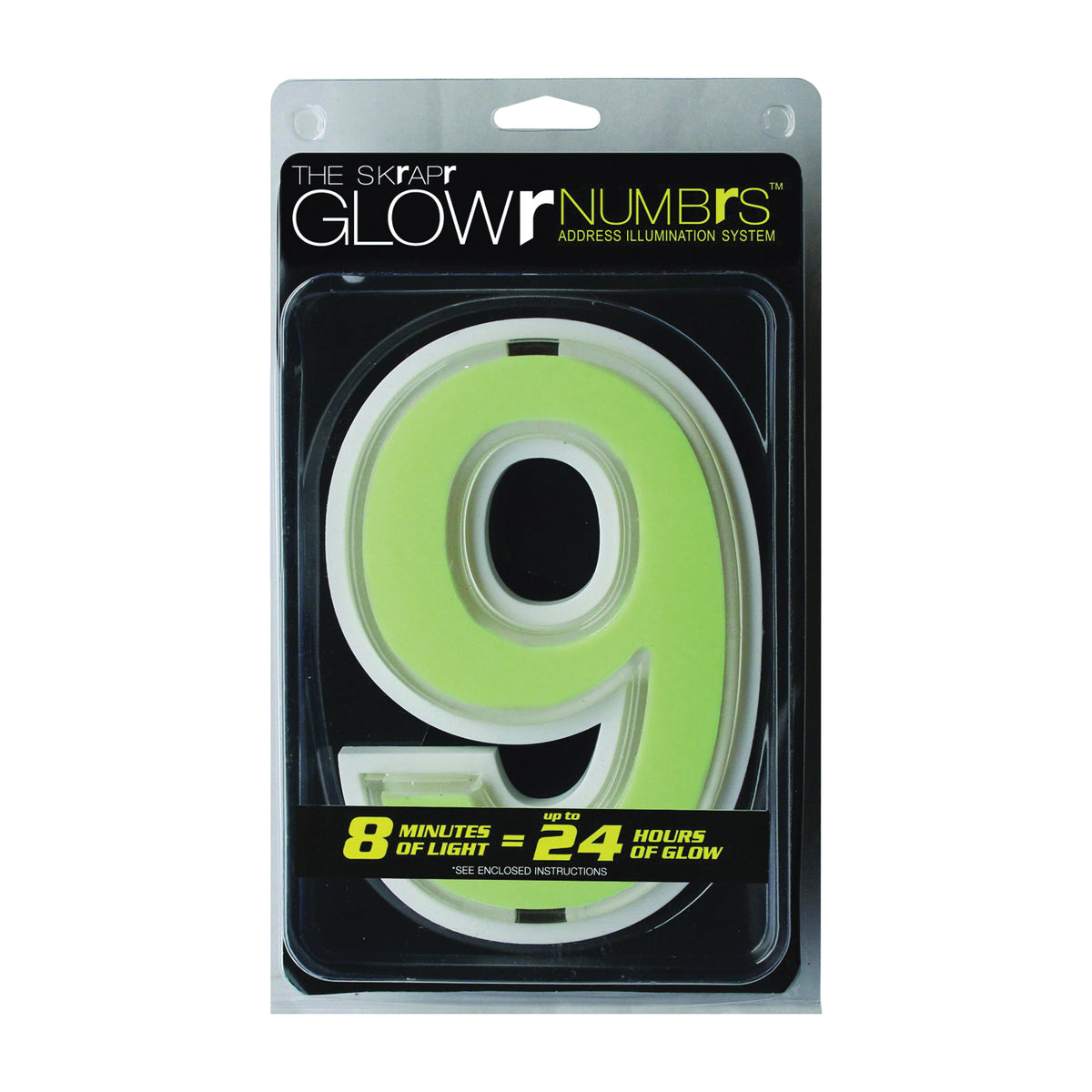 Glowr GLOWR9-U House Number, Character: 9, Neon Green Character, White Background, Nylon/Polypropylene
