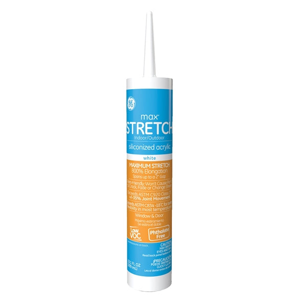 GE Max Stretch M90044 Silicone Acrylic Caulk, White, -10 to 180 deg F, 10.1 oz Cartridge