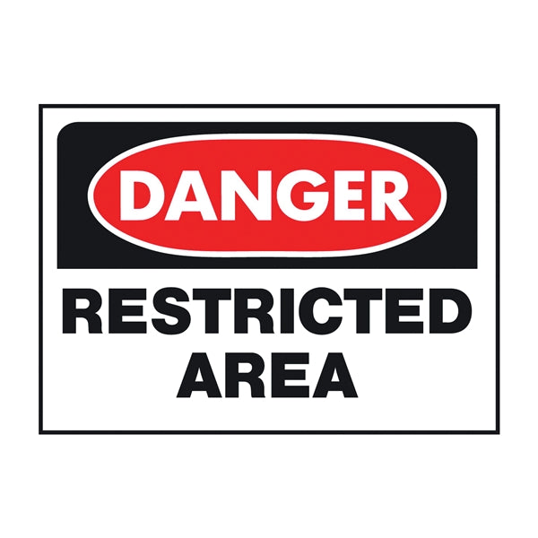 HY-KO 501 Danger Sign, Rectangular, RESTRICTED AREA, Black Legend, White Background, Polyethylene