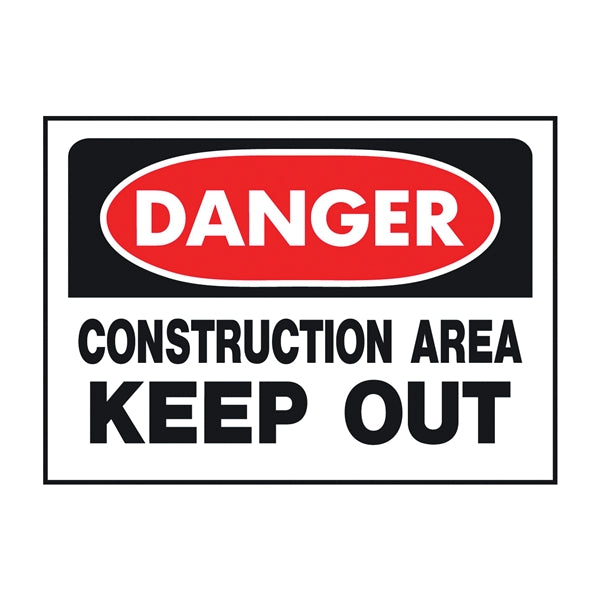 HY-KO 520 Danger Sign, Rectangular, CONSTRUCTION AREA KEEP OUT, Black Legend, White Background, Polyethylene