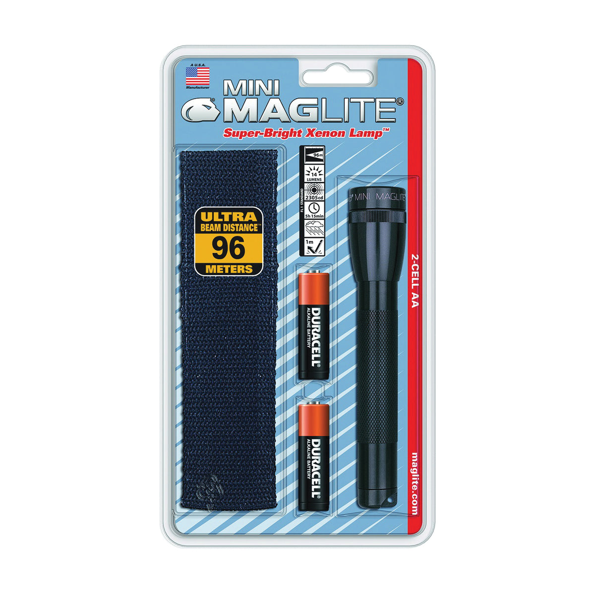 MAGLITE M2A01H Flashlight, AA Battery, Alkaline Battery, Xenon Lamp, 14 Lumens, Flood to Spot Beam, 96 m Beam Distance