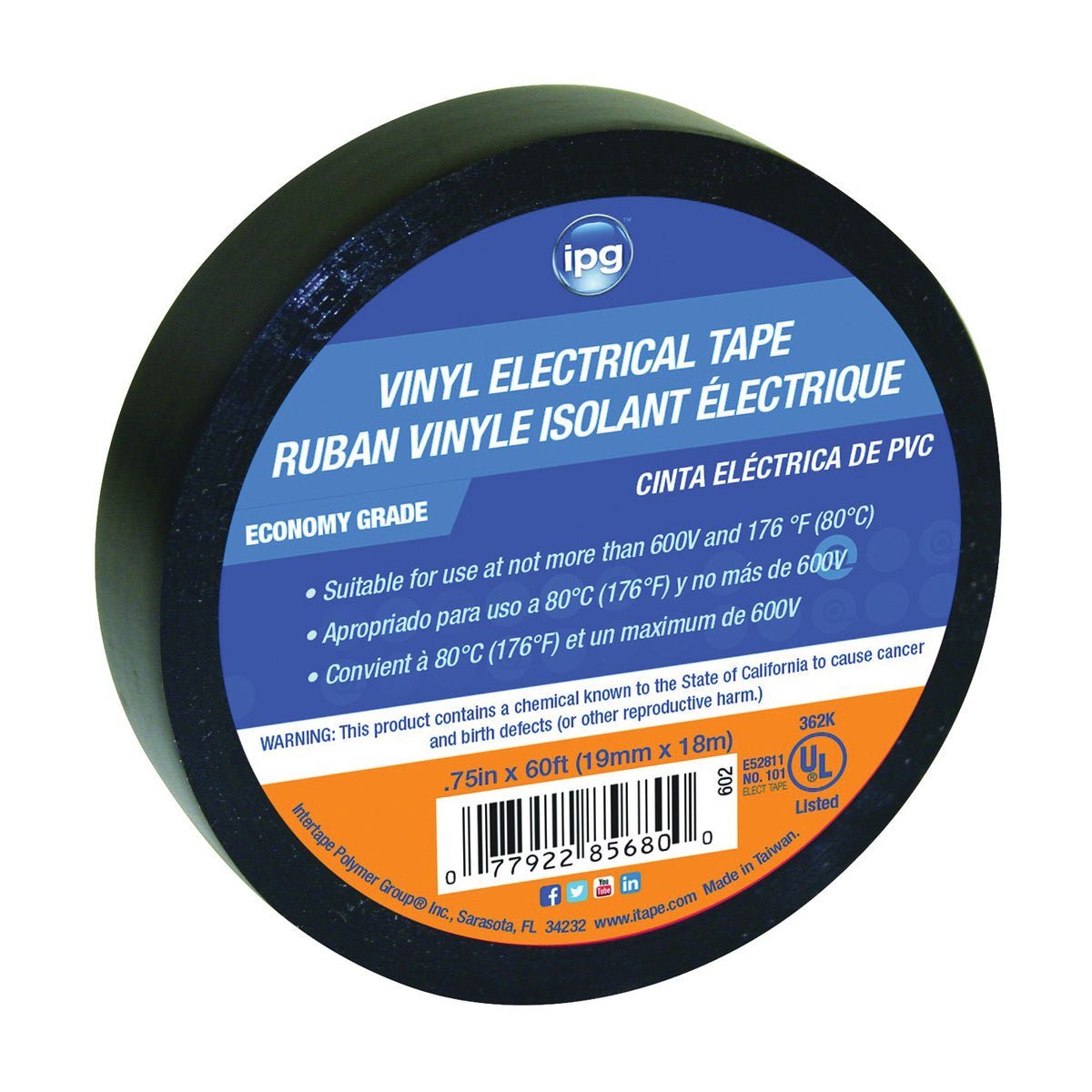 IPG 602 Electrical Tape, 60 ft L, 3/4 in W, PVC Backing, Black