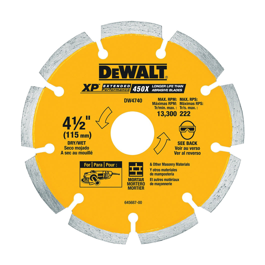 DeWALT DW4740 Circular Saw Blade, 4-1/2 in Dia, 5/8 in Arbor, Diamond Cutting Edge, Applicable Materials: Stone