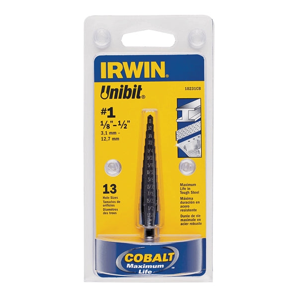 IRWIN Unibit 10231 Step Drill Bit, 1/8 to 1/2 in Dia, 1-Flute, 1/4 in Dia Shank, Hex Shank