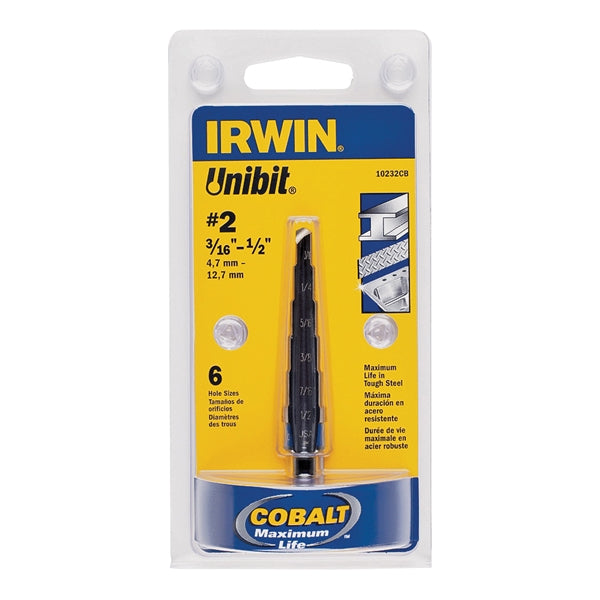 IRWIN Unibit 10232 Step Drill Bit, 3/16 to 1/2 in Dia, 1-Flute, 1/4 in Dia Shank, Hex Shank