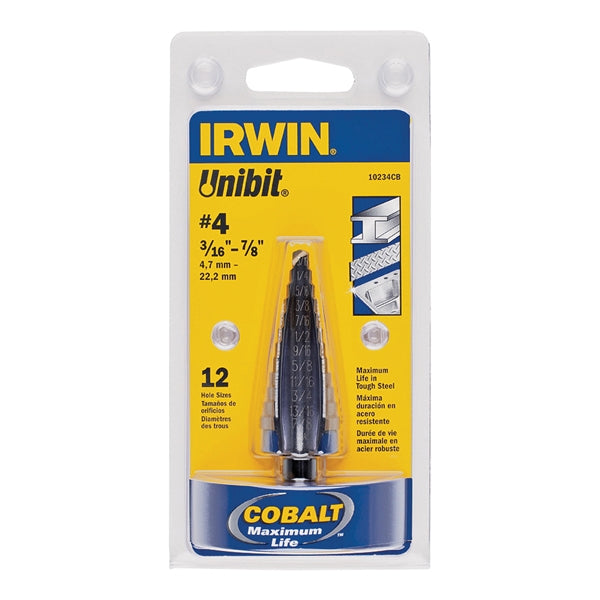 IRWIN Unibit 10234 Step Drill Bit, 3/16 to 7/8 in Dia, 1-Flute, 3/8 in Dia Shank, Hex Shank