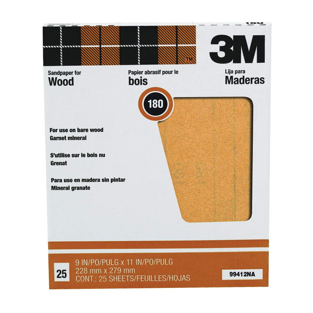 3M 99412 Sandpaper Sheet, 11 in L, 9 in W, Fine, 180 Grit, Garnet Abrasive, Paper Backing