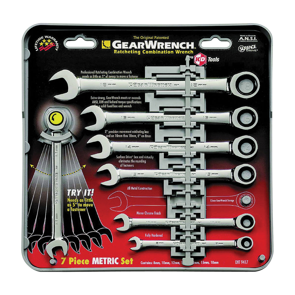 GearWrench 9417 Wrench Set, 7-Piece, Steel, Polished Chrome, Specifications: Metric Measurement