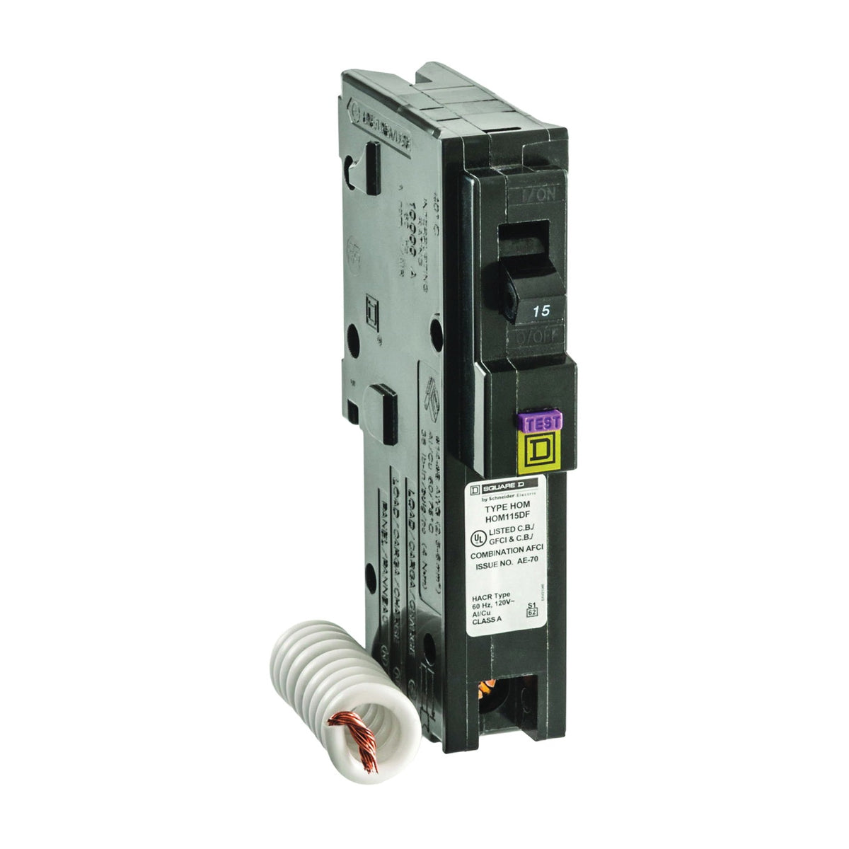 Square D HOM115DFC Circuit Breaker, Dual Function, Mini, 15 A, 1 -Pole, 120 V, Plug Mounting