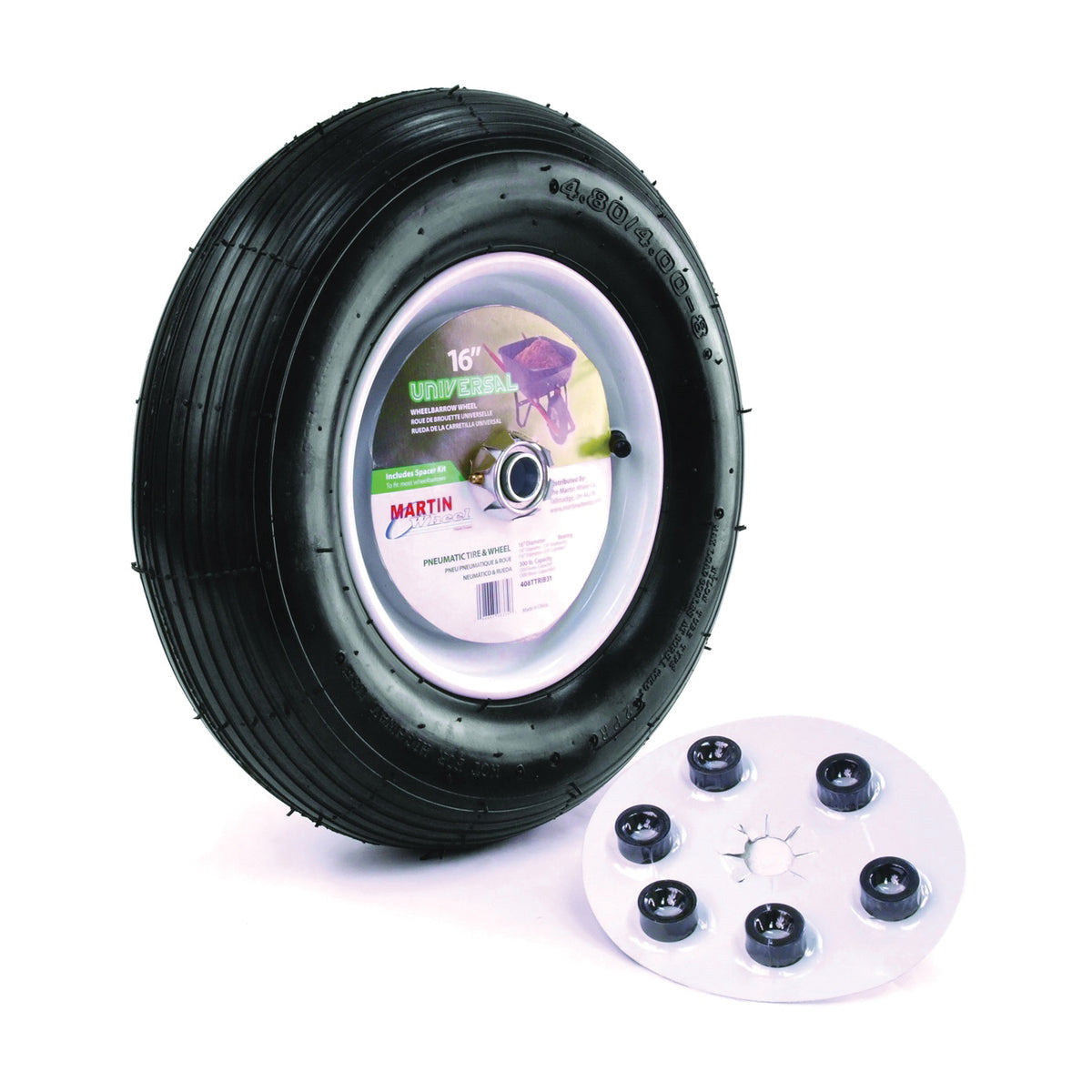 MARTIN WHEEL 408TTRIB31 Wheelbarrow Wheel with Universal Hub, 4.8 x 4/8 in Tire, 16 in Dia Tire, Ribbed Tread