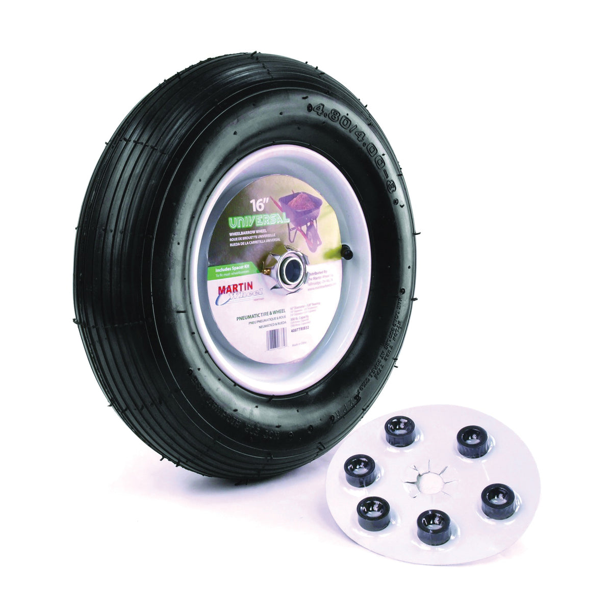 MARTIN WHEEL 408TTRIB32 Wheelbarrow Wheel with Universal Hub, 4.8 x 4/8 in Tire, 16 in Dia Tire, Ribbed Tread