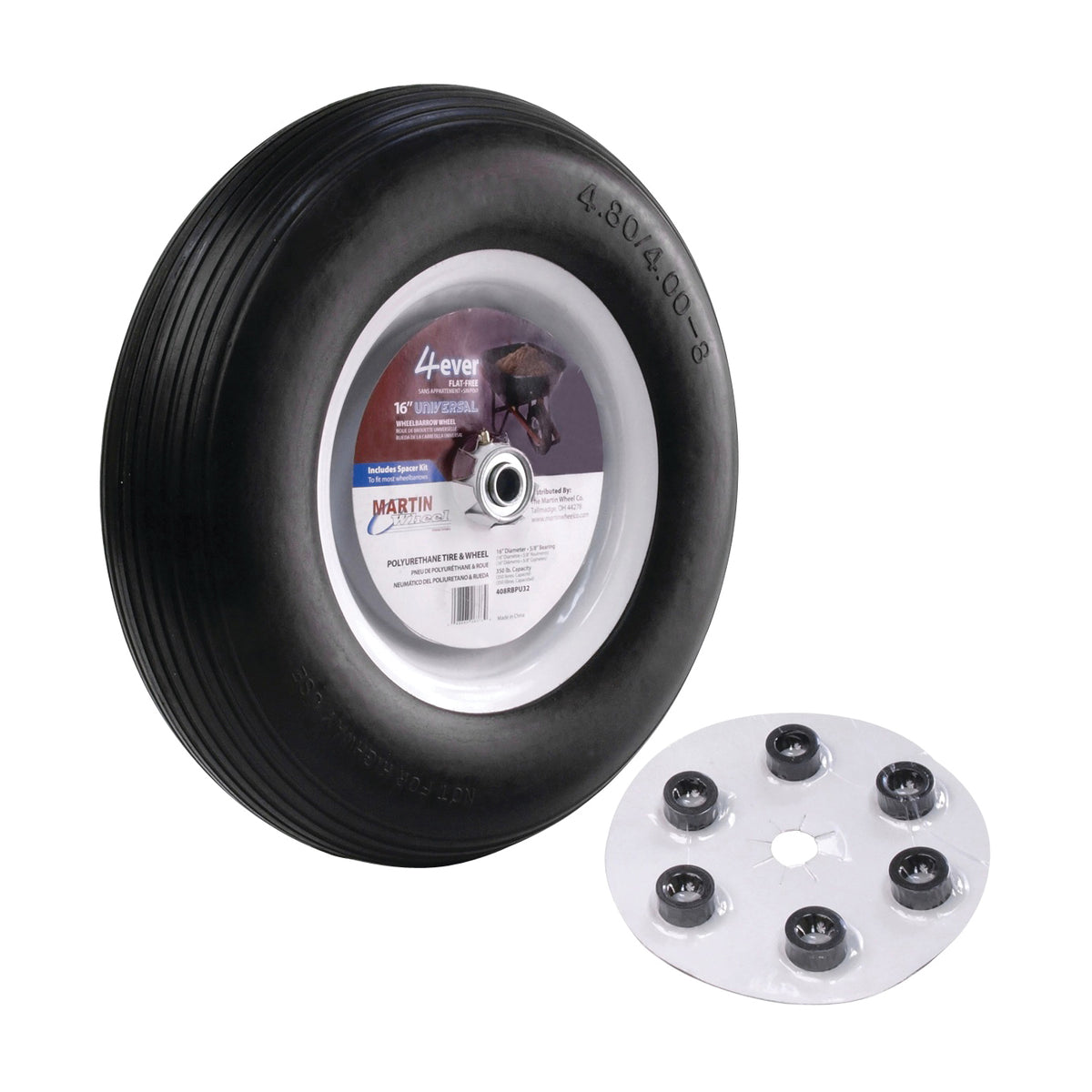 MARTIN Wheel 408RBPU32 Wheelbarrow Flat Free Wheel with Universal Hub, 4.8 x 4/8 in Tire, 16 in Dia Tire, Ribbed Tread