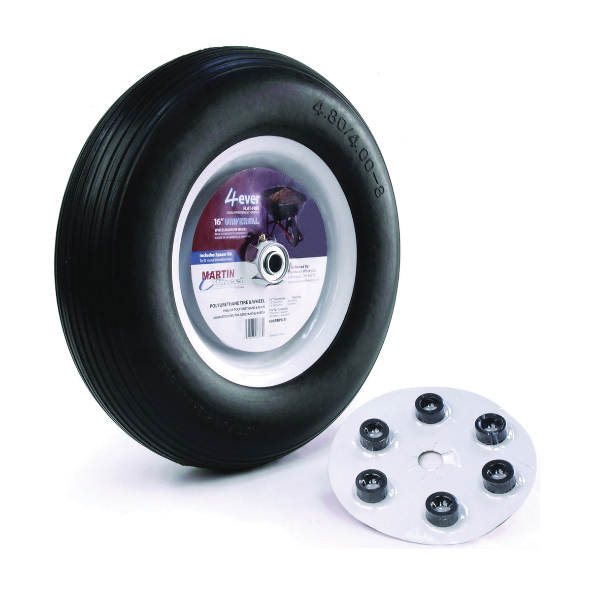 MARTIN WHEEL 408RBPU31 Wheelbarrow Wheel with Universal Hub, 4.8 x 4/8 in Tire, 16 in Dia Tire, Ribbed Tread