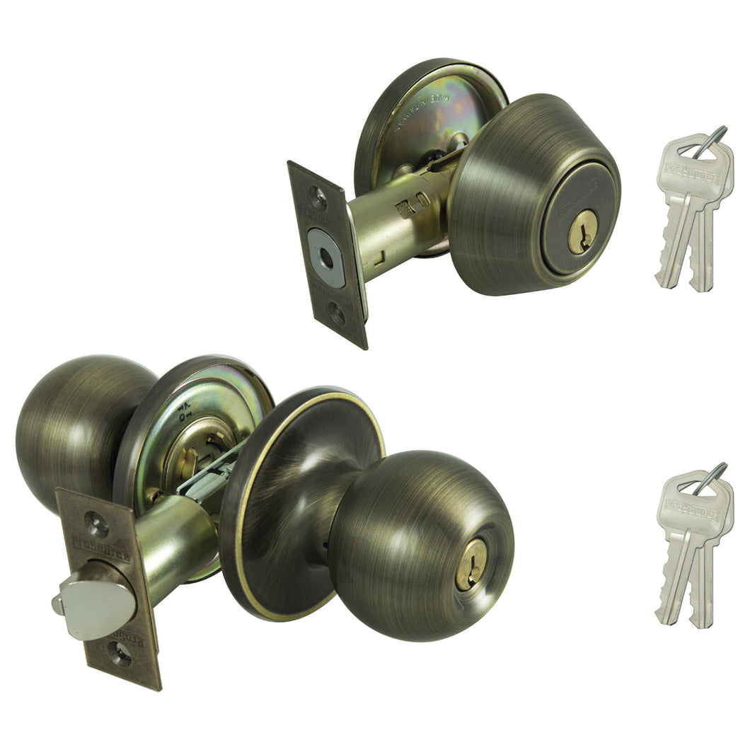 Prosource Deadbolt and Entry Lockset, 3 Grade, Saturn Handle, Keyed Alike Key, Brass, Antique Brass