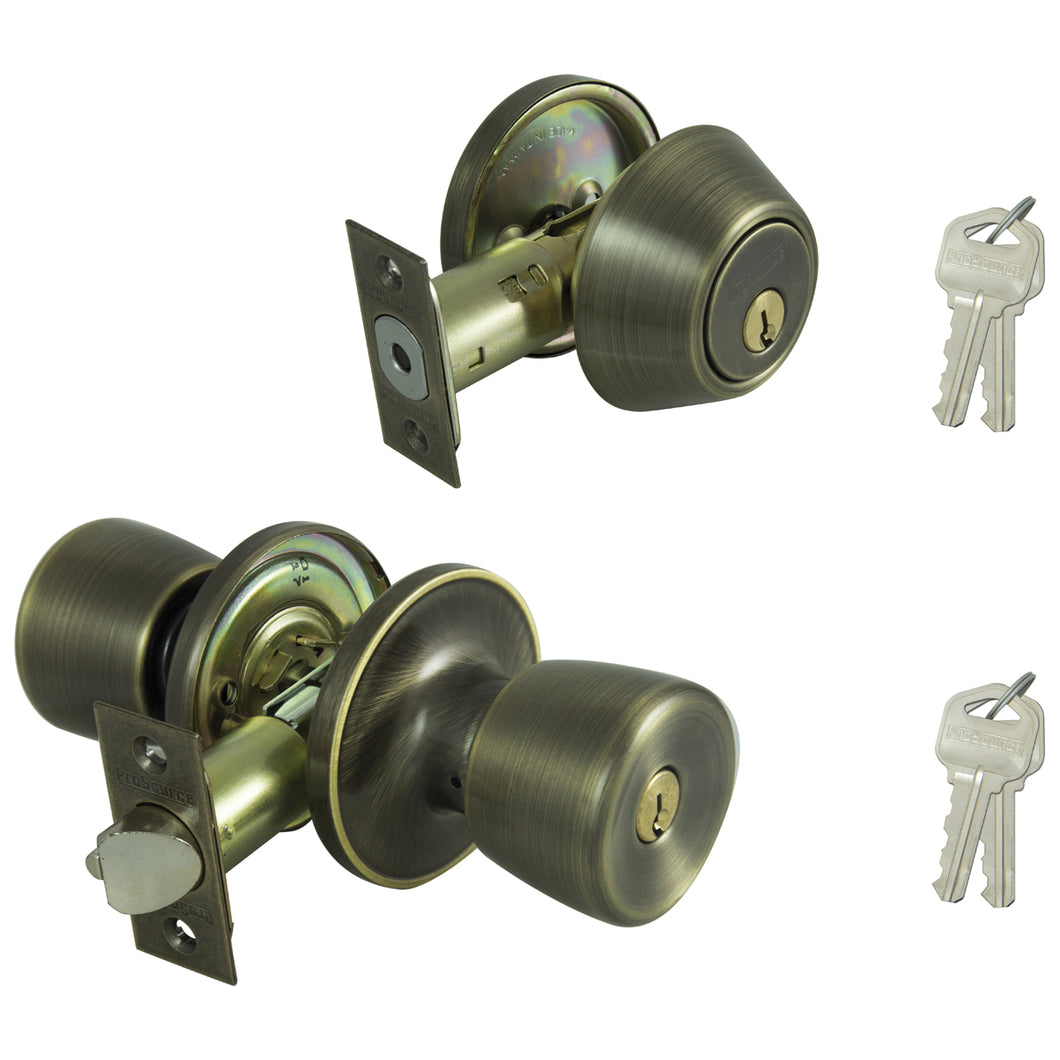 Prosource Deadbolt and Entry Lockset, 3 Grade, Tulip Handle, Keyed Alike Key, Brass, Antique Brass