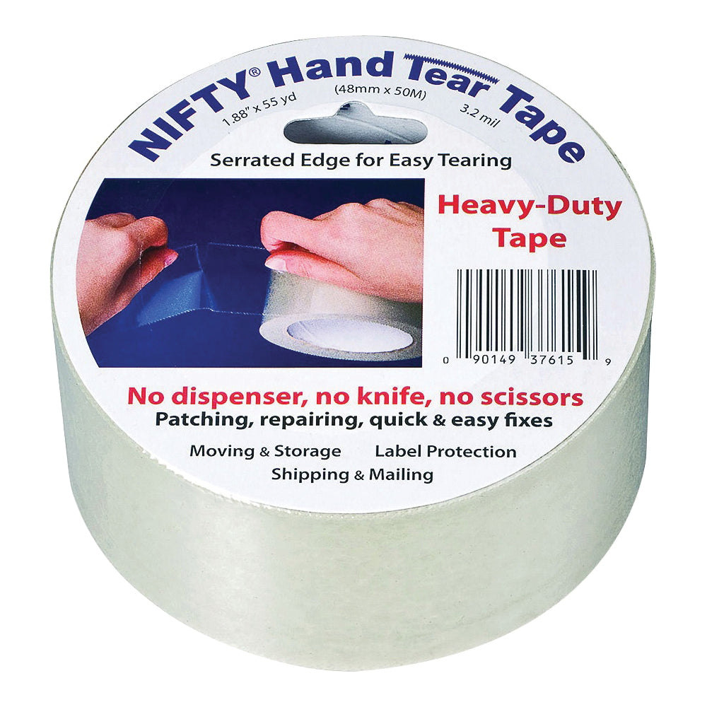 Nifty T3761RTL Hand Tear Tape, 55 yd L, 2 in W, Polypropylene Backing, Clear