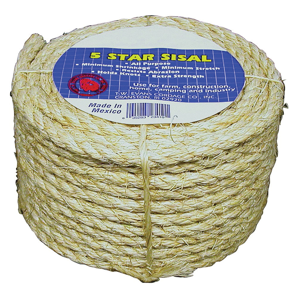 T.W. Evans Cordage 23-405 Rope, 3/8 in Dia, 50 ft L, 900 lb Working Load, Sisal