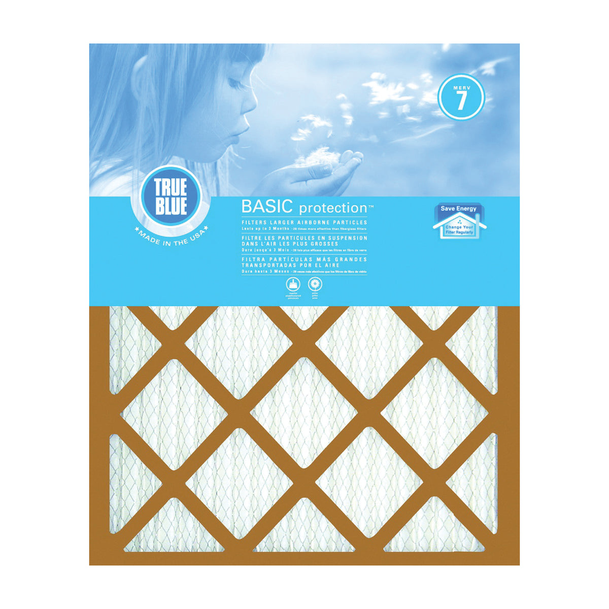 True Blue 216241 Air Filter, 24 in L, 16 in W, 7 MERV, 53.7 % Filter Efficiency, Synthetic Pleated Filter Media