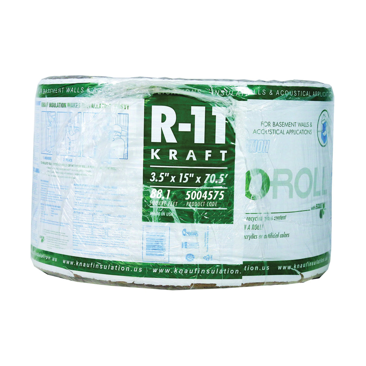 Knauf Insulation ECOROLL KR41E/TAK Insulation, 70-1/2 ft L, 15 in W, R11 R-Value, Fiberglass/Steel, Brown