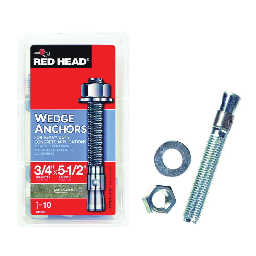 RED HEAD 01992 Wedge Anchor, 3/4 in Dia, 5-1/2 in L, Steel, Zinc
