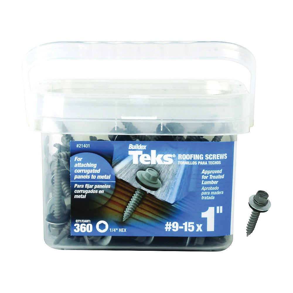 Teks 21401 Roofing Screw, #9 Thread, Hex Drive, Self-Tapping, Sharp Point, Steel, Metallic