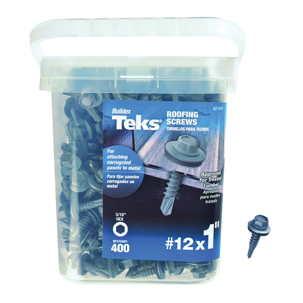 Teks 21418 Roofing Screw, #12 Thread, Coarse Thread, Hex Drive, Self-Drilling, Self-Tapping Point, Steel, Zinc, 400 PAIL
