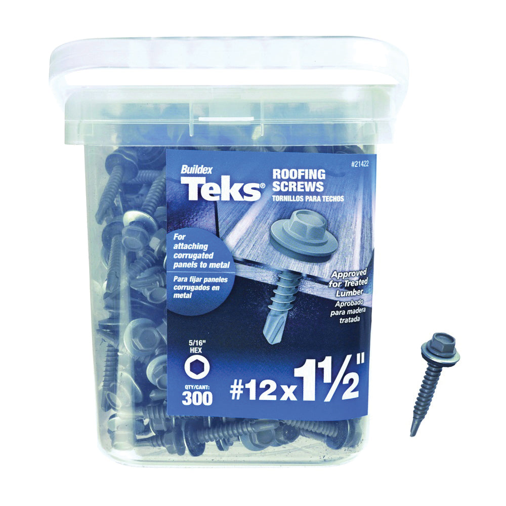 Teks 21422 Roofing Screw, #12 Thread, Hex Drive, Drill, Self-Tapping Point, Steel, Metallic