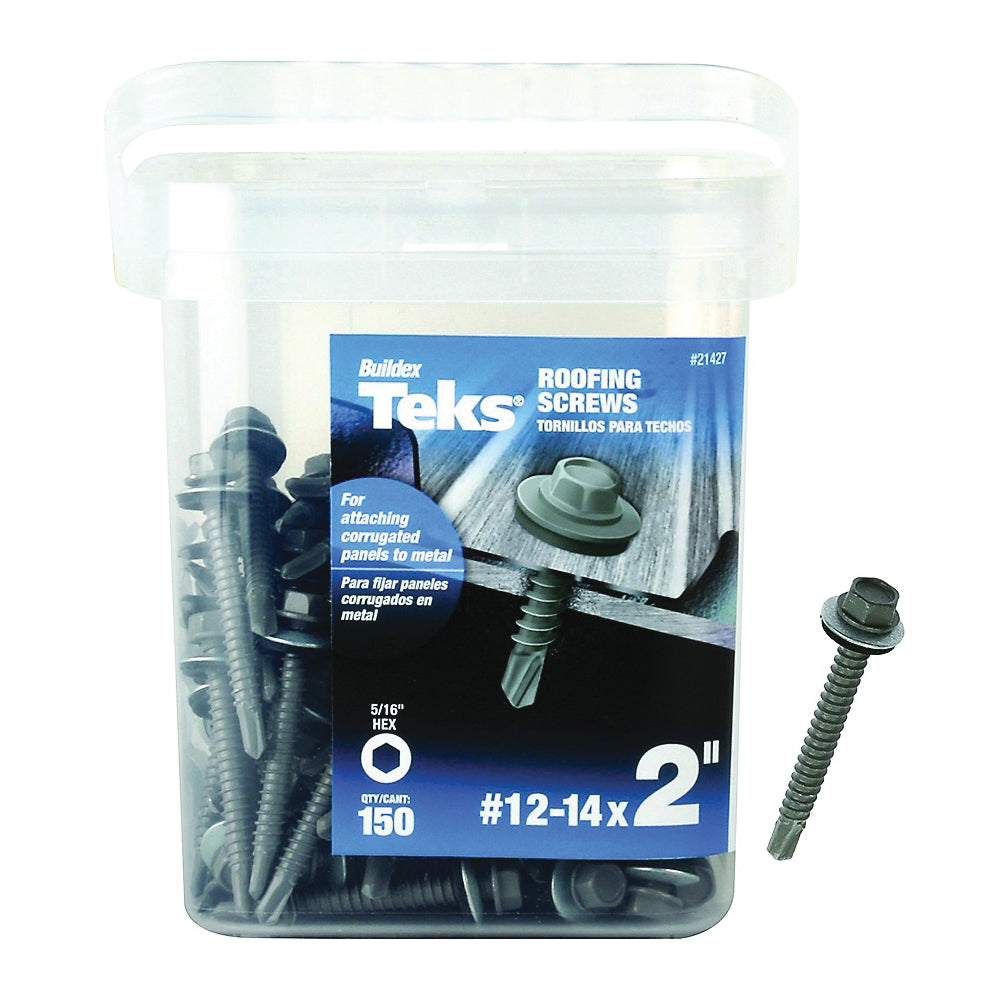 Teks 21427 Roofing Screw, #12 Thread, Hex Drive, Drill Point, Steel, Zinc