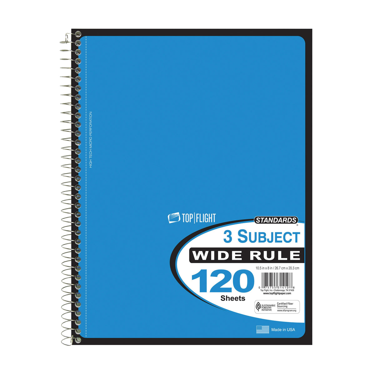 TOP FLIGHT WB120DPF 4511880 Wide Rule Notebook, Micro-Perforated Sheet, 120-Sheet, Wirebound Binding