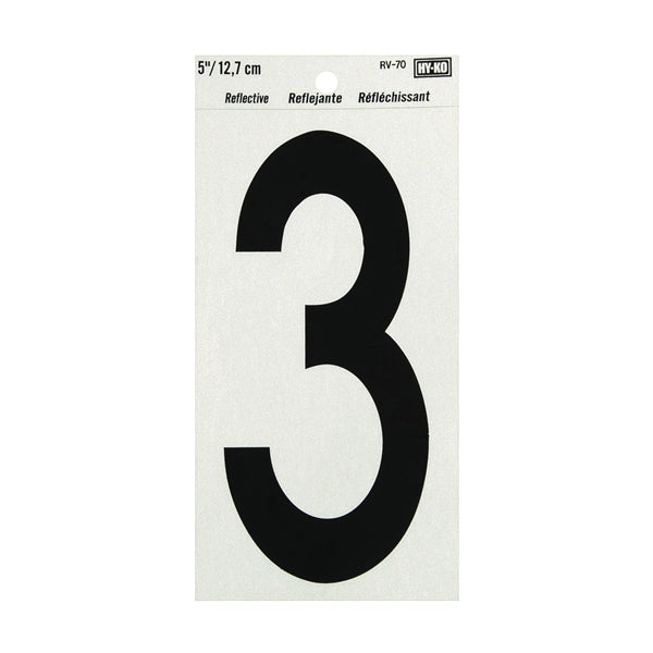HY-KO RV-70/3 Reflective Sign, Character: 3, 5 in H Character, Black Character, Silver Background, Vinyl