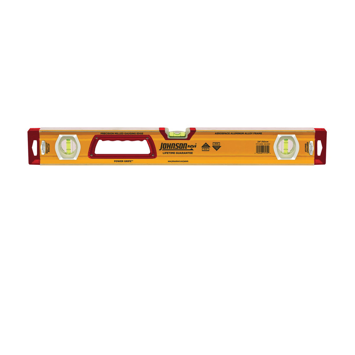 Johnson 1717-2400 Box Level, 24 in L, 3-Vial, Non-Magnetic, Aluminum, Yellow