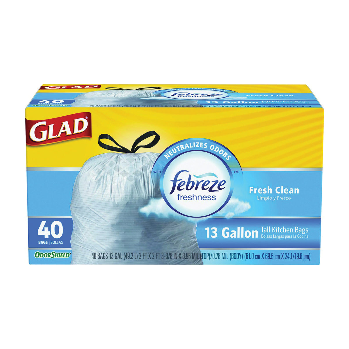 GLAD OdorShield 78361 Trash Bag, 13 gal Capacity, White