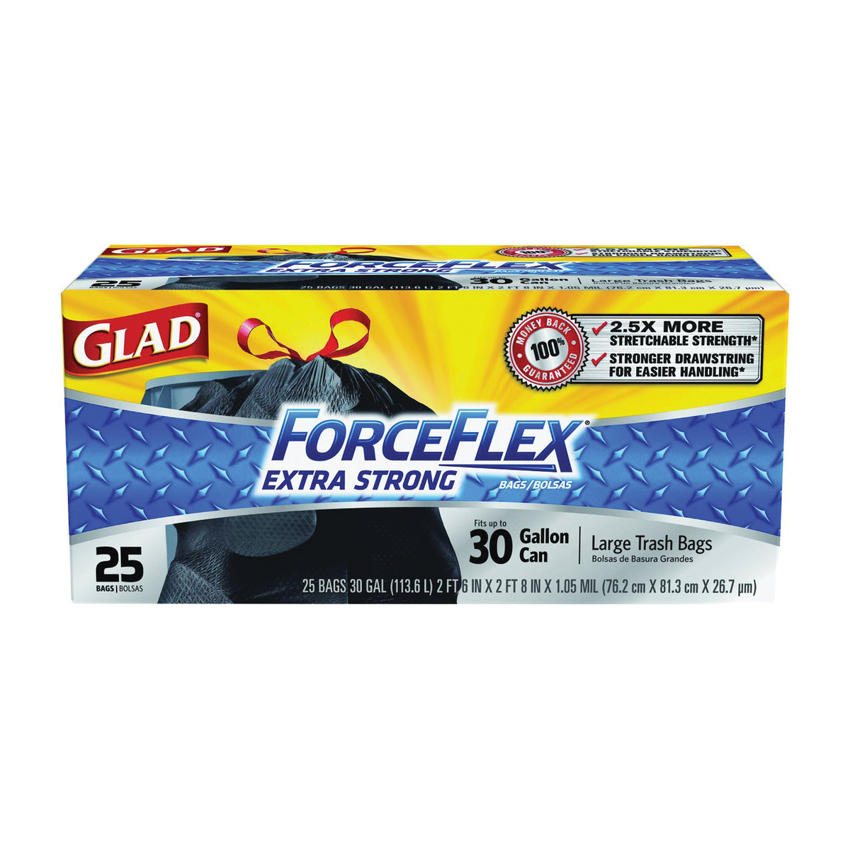 GLAD 70359 Trash Bag, 30 gal Capacity, Black