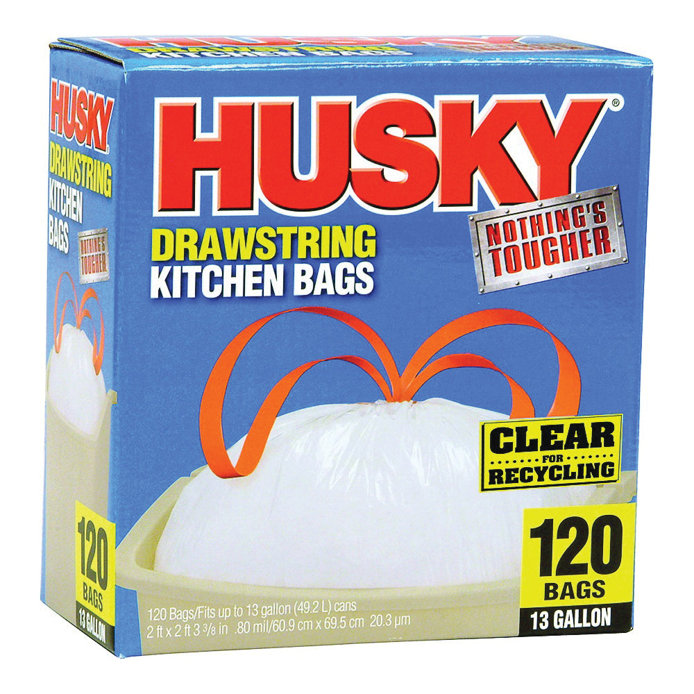 Husky HK13DS120C-P Kitchen Trash Bag, 13 gal Capacity, Polyethylene, Clear