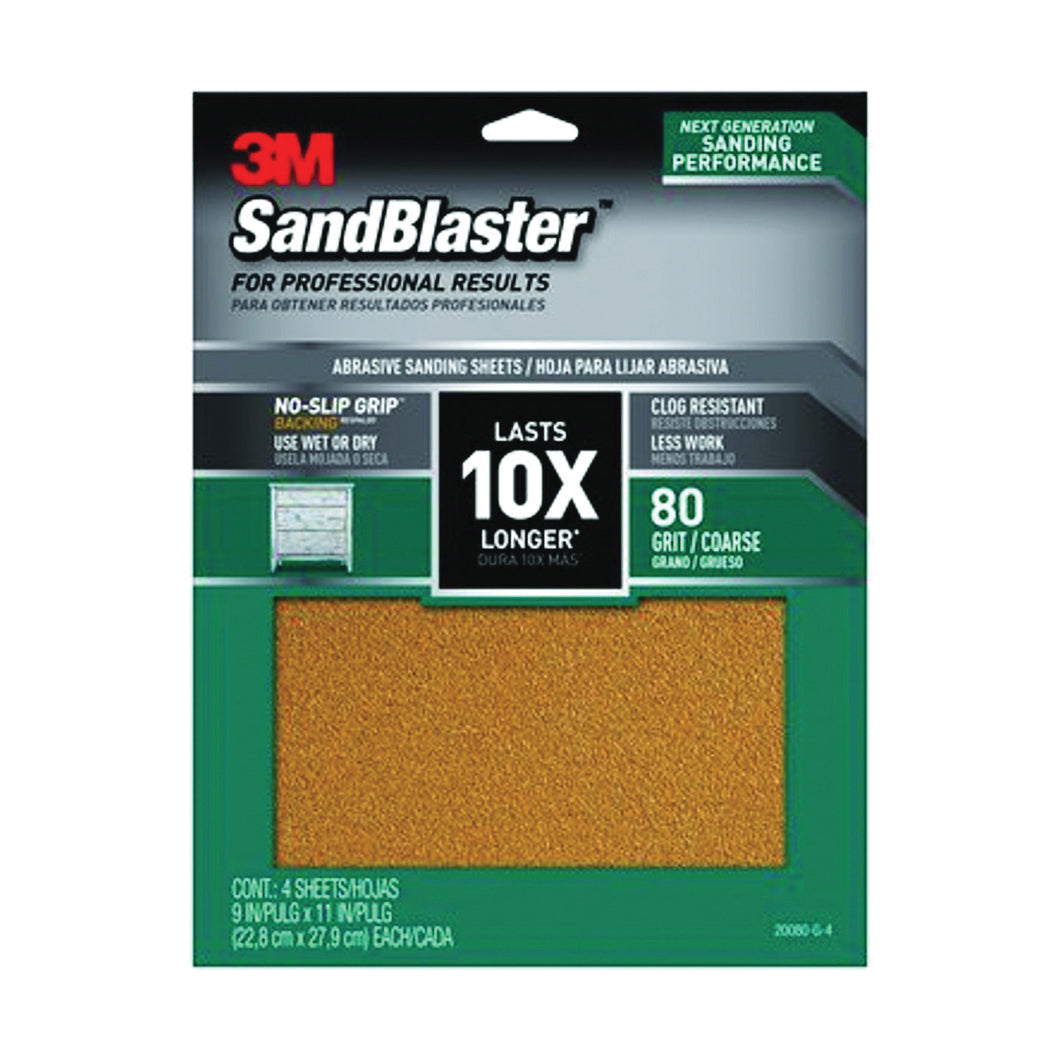 3M SandBlaster Series 20080-G-4 Sandpaper, 11 in L, 9 in W, 80 Grit, Coarse, Aluminum Oxide Abrasive