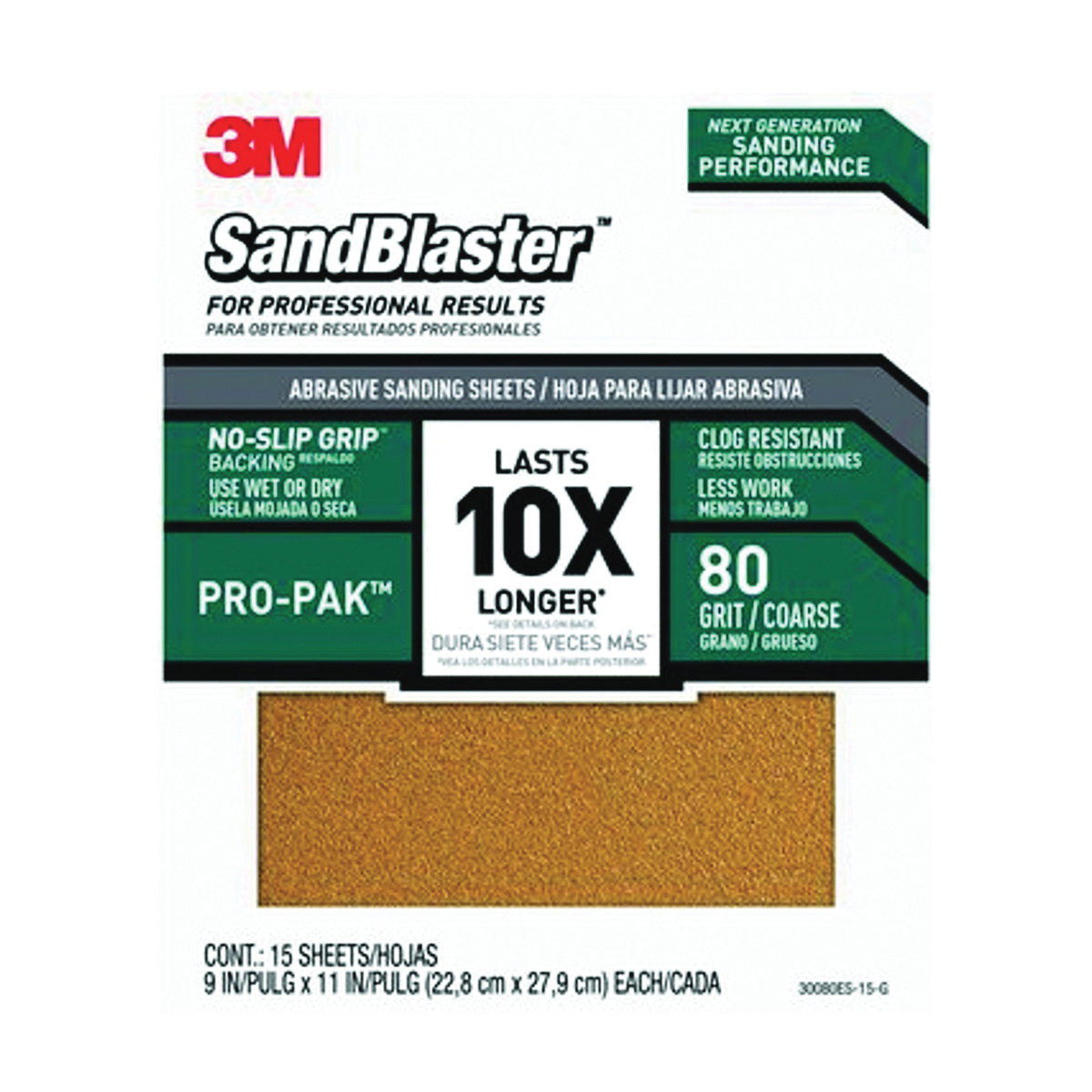 3M SandBlaster Series 30080ES-15-G Sandpaper, 11 in L, 9 in W, 80 Grit, Coarse, Aluminum Oxide Abrasive