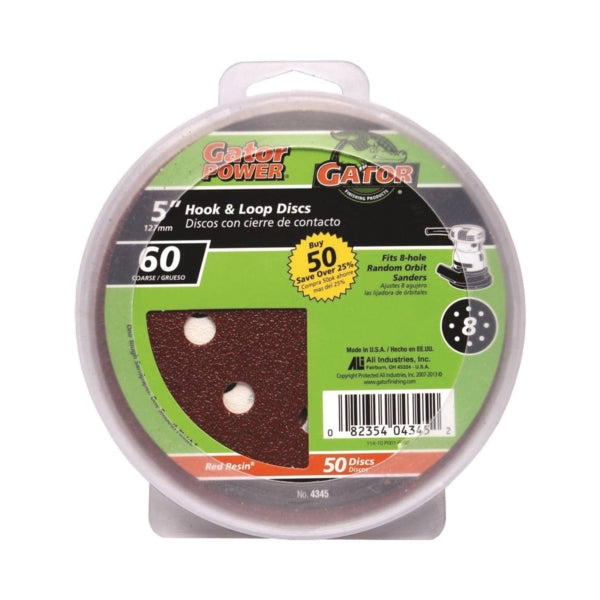 Gator 4345 Sanding Disc, 5 in Dia, 60 Grit, Coarse, Aluminum Oxide Abrasive, Vented