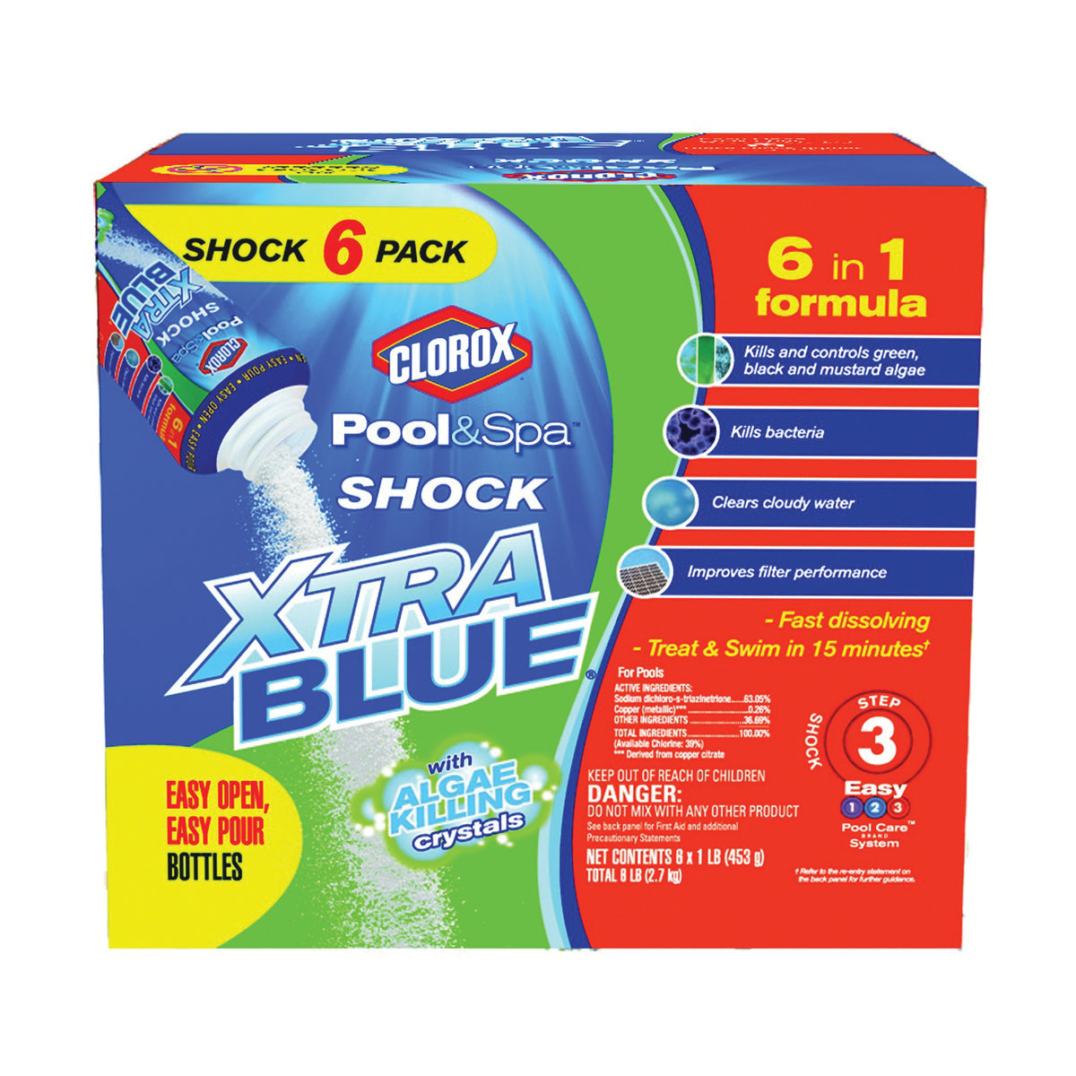 Clorox POOL &amp; Spa Shock XtraBlue 36006CLX Pool Chemical, 1 lb Bottle, Granular, Chlorine