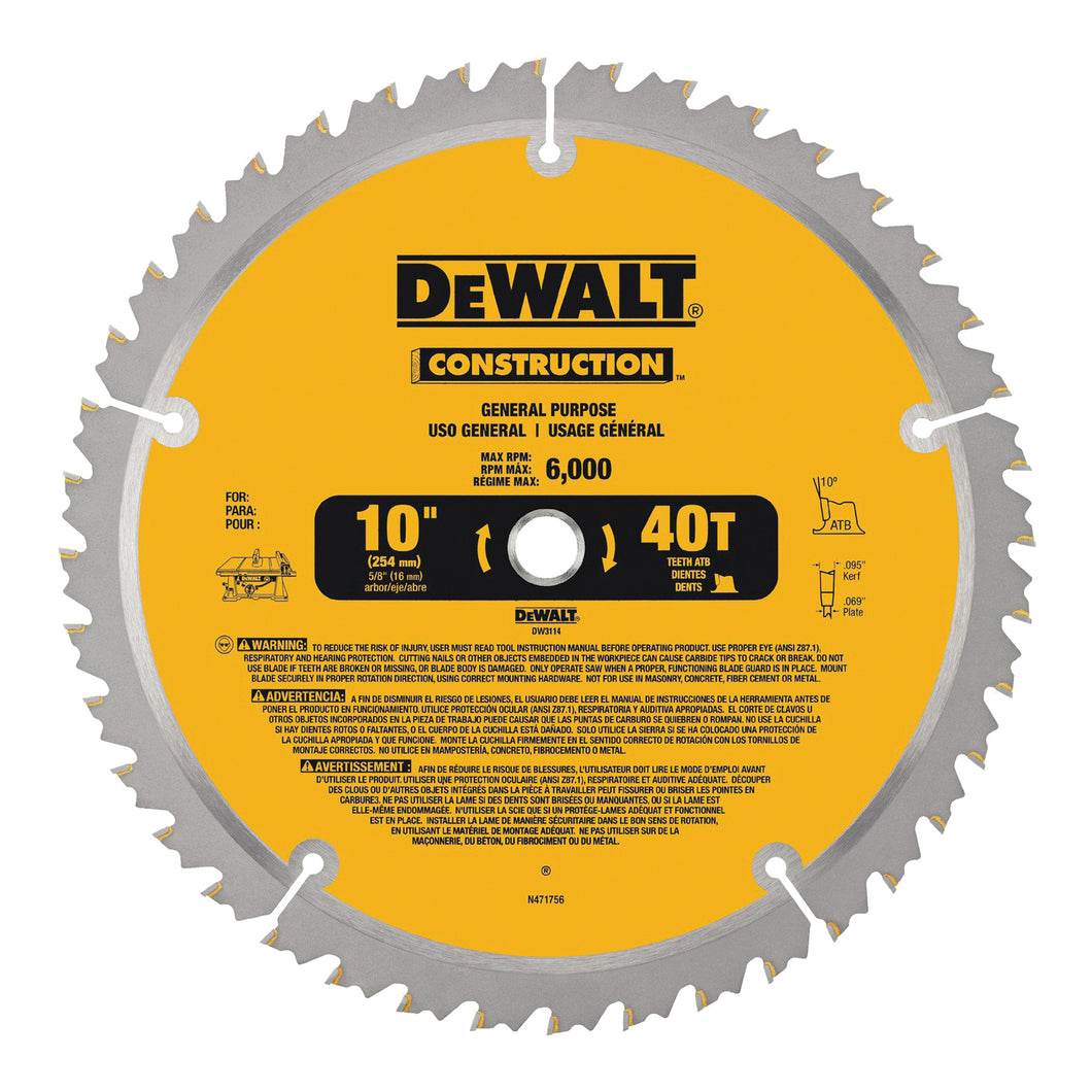 DeWALT DW3114 Saw Blade, 10 in Dia, 5/8 in Arbor, 40-Teeth, Carbide Cutting Edge