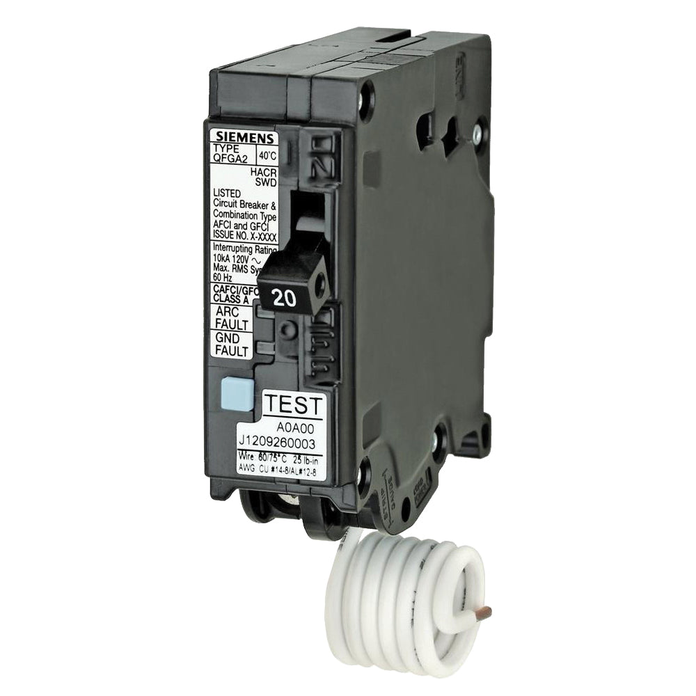 Siemens Q120DF Circuit Breaker, AFCI, GFCI, 20 A, 1 -Pole, 120 V, Instantaneous, Non-Interchangeable Trip, Black