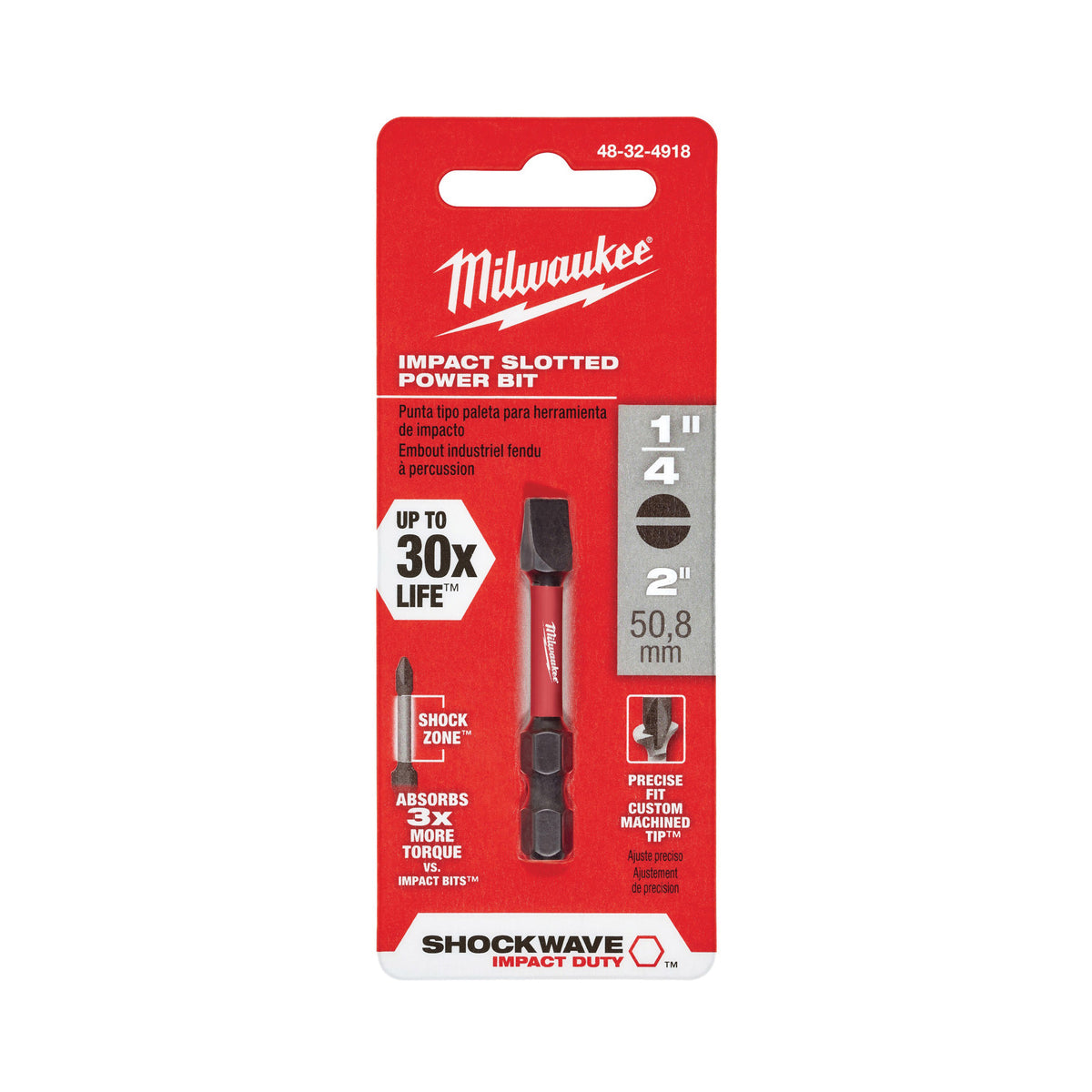 Milwaukee SHOCKWAVE 48-32-4918 Power Bit, #10, 1/4 in Drive, Slotted Drive, 1/4 in Shank, Hex Shank, 2 in L, Steel
