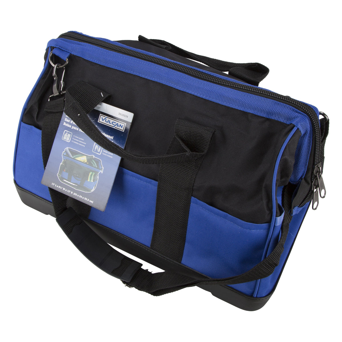 Vulcan JL-89022P Contractor&#39;s Tool Bag, 9-1/2 in W, 17 in D, 12 in H, 22-Pocket, Nylon, Black/Blue