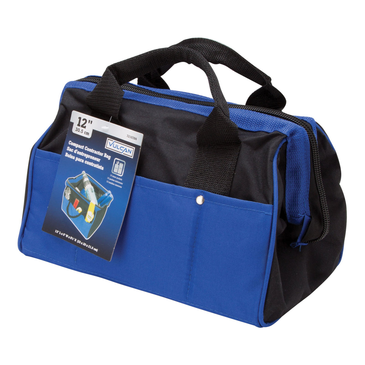 Vulcan JL-89021 Contractor&#39;s Tool Bag, 13 in W, 8 in D, 8-1/2 in H, 21-Pocket, Nylon, Black/Blue