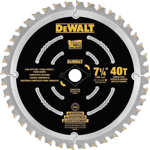 DeWALT DWA31740 Decking Saw Blade, 7-1/4 in Dia, 5/8 in Arbor, 40-Teeth