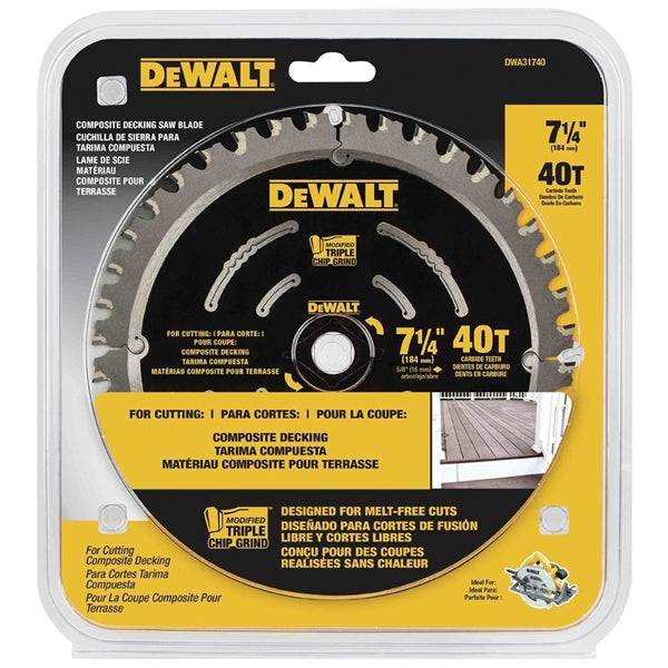 DeWALT DWA31740 Decking Saw Blade, 7-1/4 in Dia, 5/8 in Arbor, 40-Teeth