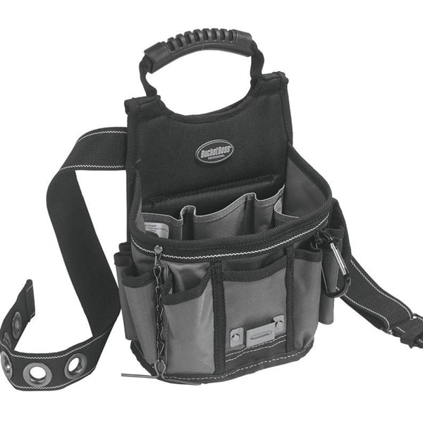 Bucket Boss 55300 Sparky Utility Pouch, 52 in Waist, 17-Pocket, Poly Fabric, Black/Gray, 9 in W, 14 in H, 6 in D