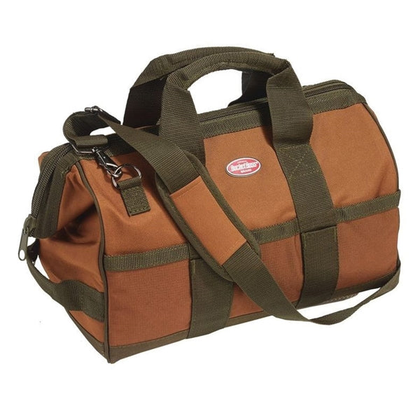 Bucket Boss Original Series 60016 Gatemouth Tool Bag, 16 in W, 9 in D, 12 in H, 16-Pocket, Poly Ripstop Fabric, Brown