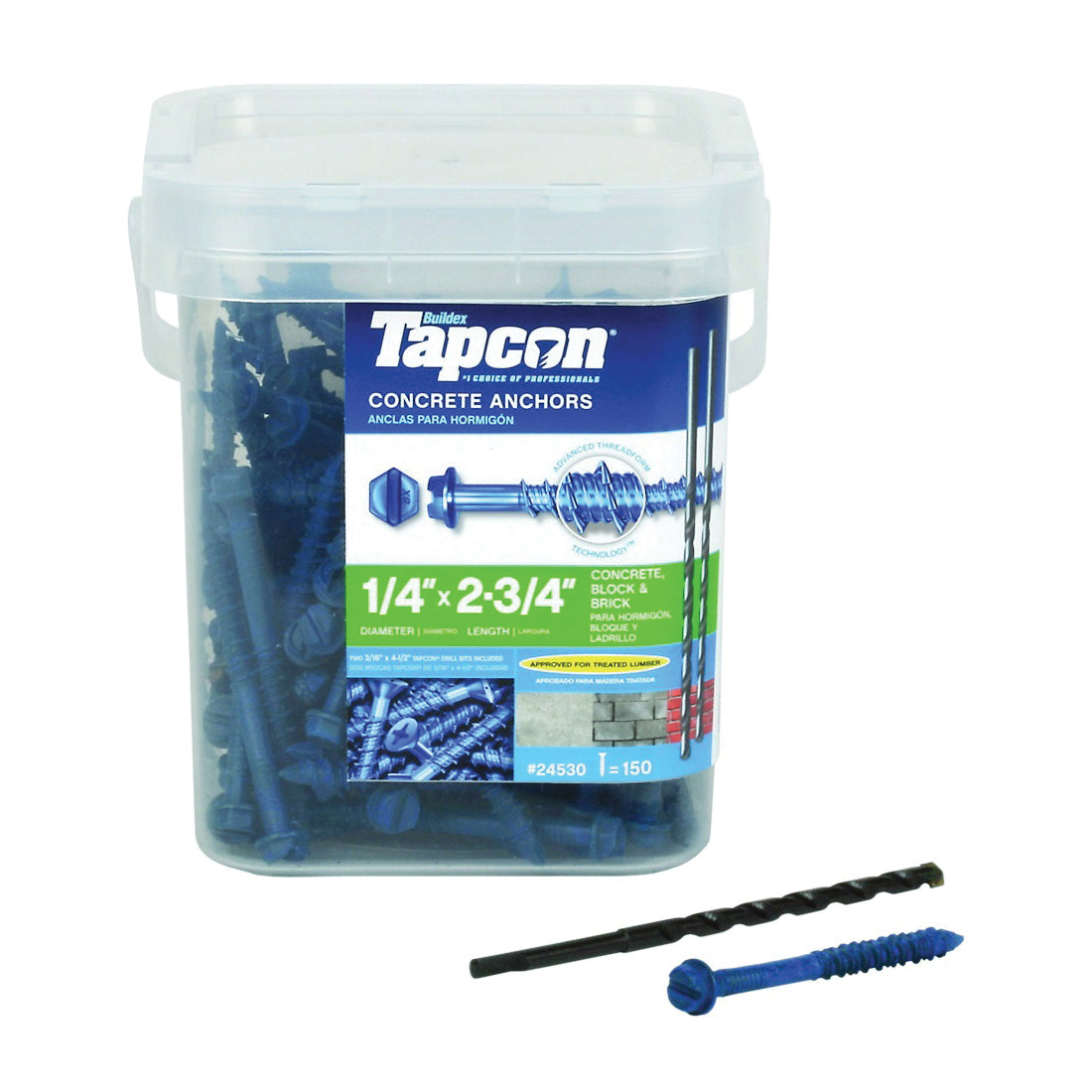 Buildex Tapcon 24530 Screw Anchor, Hex Drive, Steel, Climaseal